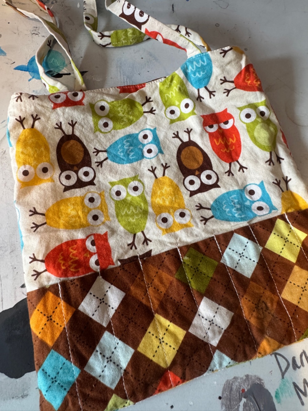 Handmade Reversible Art Tote Project Bag Owl & Argyle - Picture 6 of 10